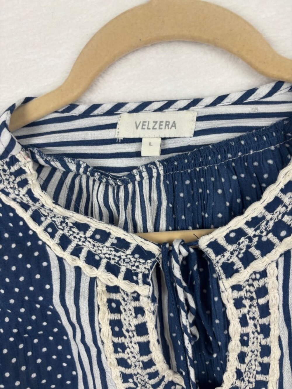 ✨3/$30 Velzera L Blue White Striped & Polka Dot Tunic Dress Boho Tassel - Picture 4 of 5